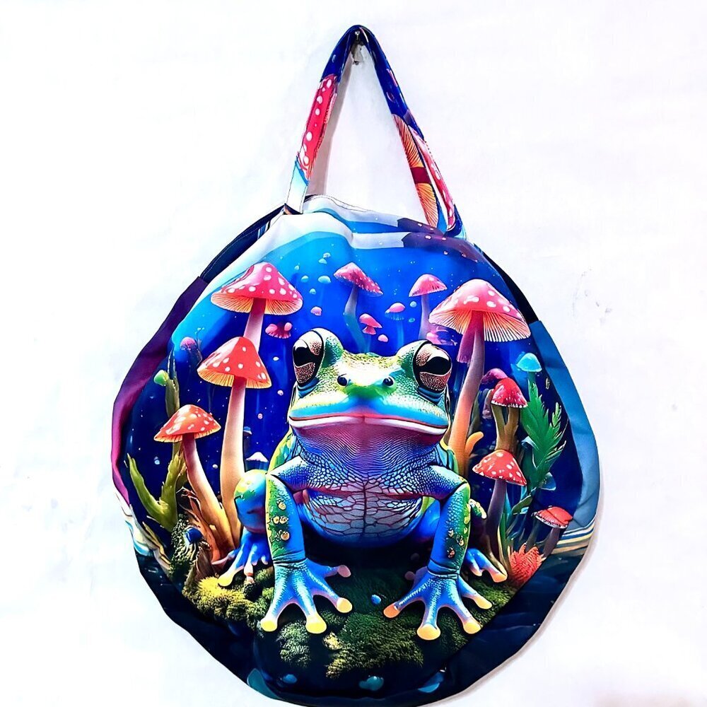Psychedelic Mushroom Frog Gigantic Round Tote Huge Canvas Circle Bag 3D Festival - Picture 3 of 11
